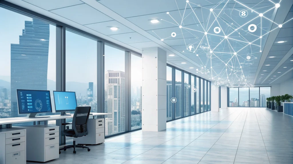 Modern office with futuristic digital interface showing AI data visualization